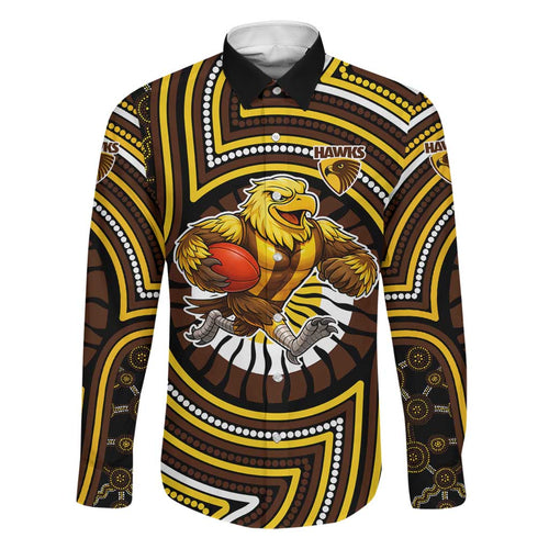 Hawthorn Hawks Family Matching Off Shoulder Short Dress and Hawaiian Shirt Indigenous Monochrome Dot Art Mascot Style