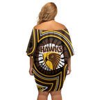 Hawthorn Hawks Family Matching Off Shoulder Short Dress and Hawaiian Shirt Indigenous Monochrome Dot Art Mascot Style