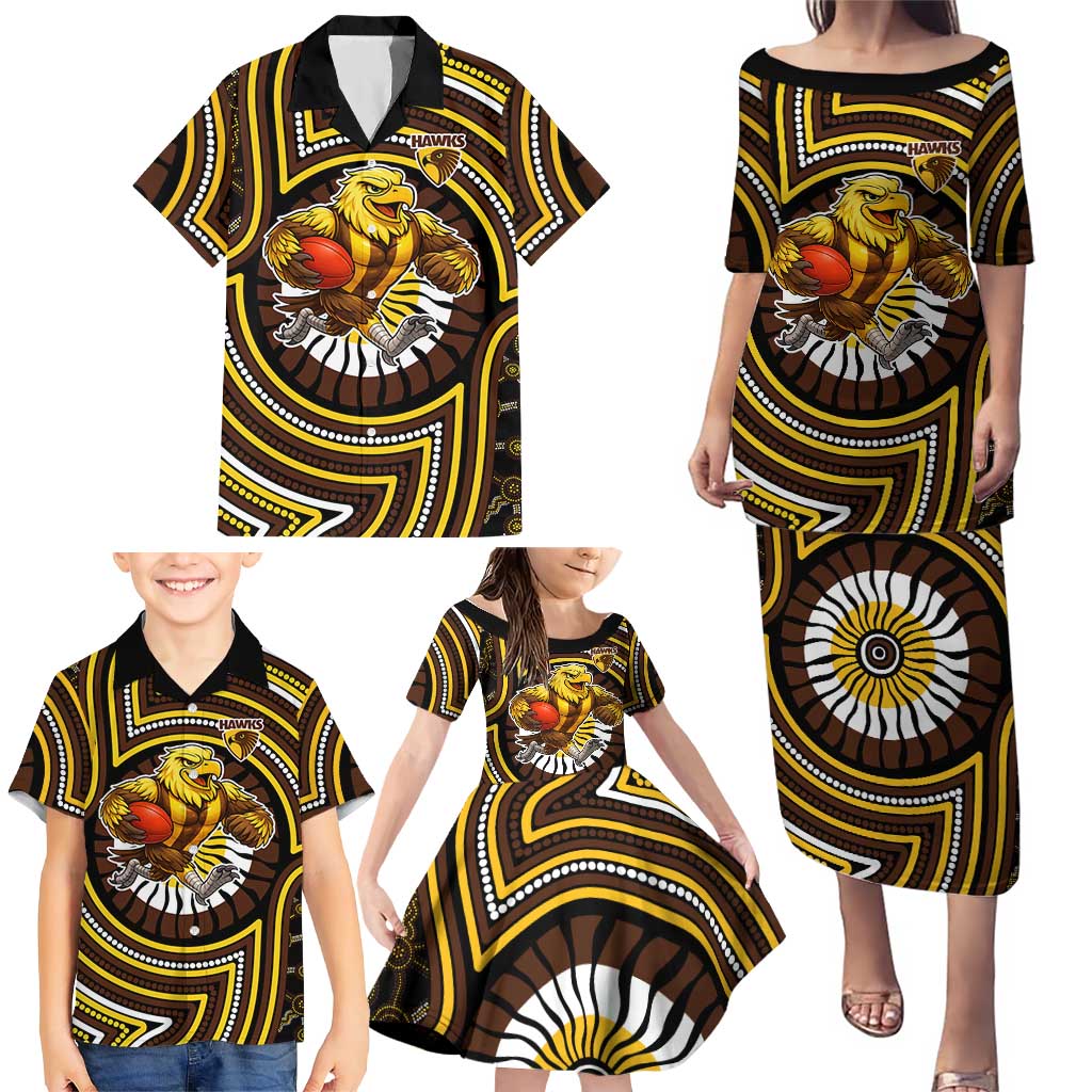Hawthorn Hawks Family Matching Puletasi and Hawaiian Shirt Indigenous Monochrome Dot Art Mascot Style