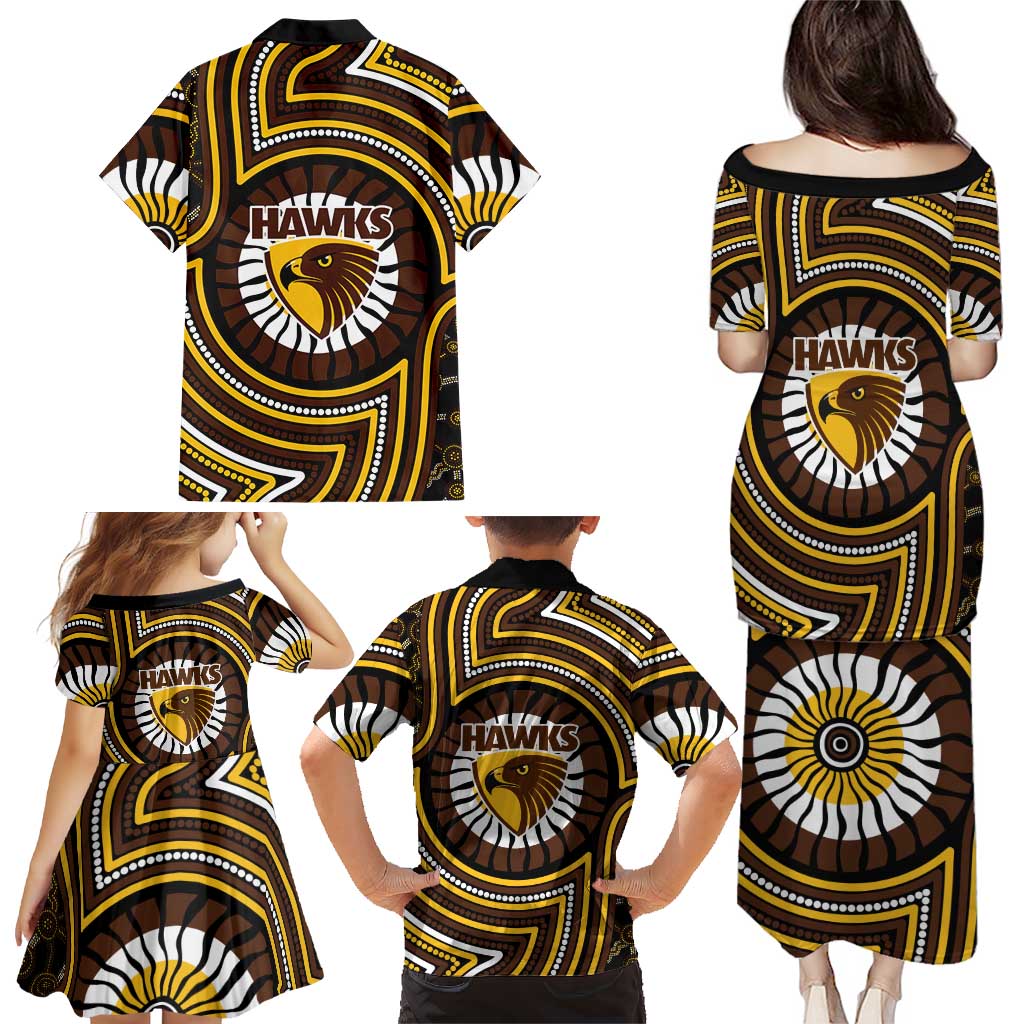 Hawthorn Hawks Family Matching Puletasi and Hawaiian Shirt Indigenous Monochrome Dot Art Mascot Style