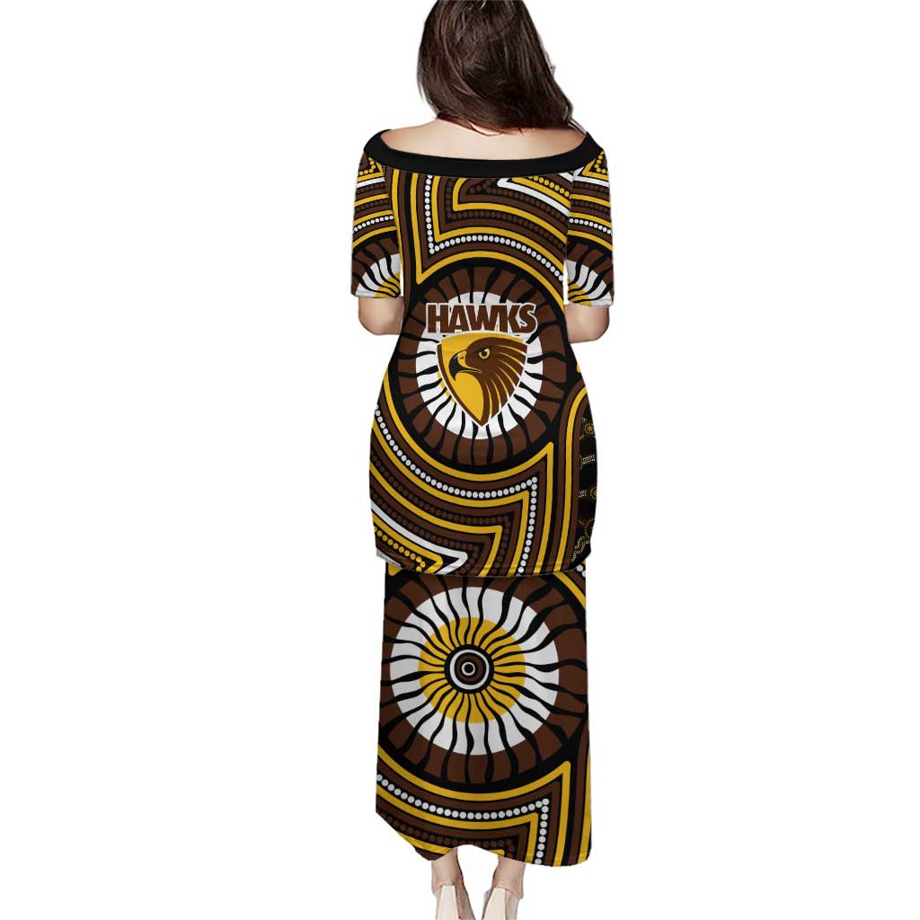 Hawthorn Hawks Family Matching Puletasi and Hawaiian Shirt Indigenous Monochrome Dot Art Mascot Style