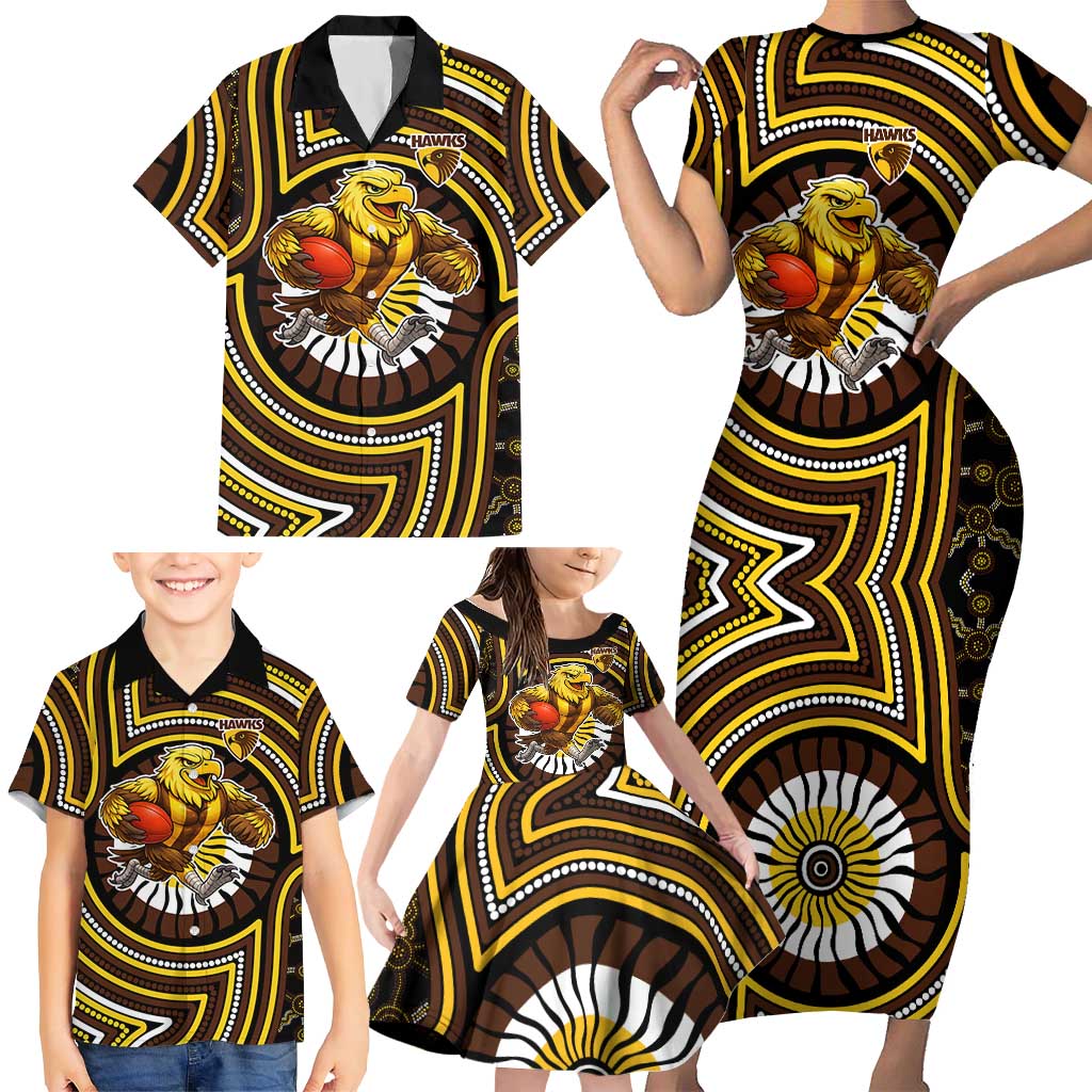 Hawthorn Hawks Family Matching Short Sleeve Bodycon Dress and Hawaiian Shirt Indigenous Monochrome Dot Art Mascot Style