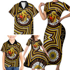 Hawthorn Hawks Family Matching Short Sleeve Bodycon Dress and Hawaiian Shirt Indigenous Monochrome Dot Art Mascot Style