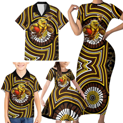 Hawthorn Hawks Family Matching Short Sleeve Bodycon Dress and Hawaiian Shirt Indigenous Monochrome Dot Art Mascot Style