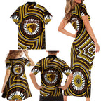 Hawthorn Hawks Family Matching Short Sleeve Bodycon Dress and Hawaiian Shirt Indigenous Monochrome Dot Art Mascot Style