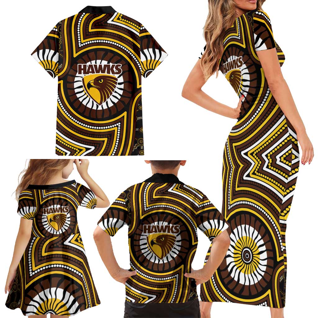 Hawthorn Hawks Family Matching Short Sleeve Bodycon Dress and Hawaiian Shirt Indigenous Monochrome Dot Art Mascot Style