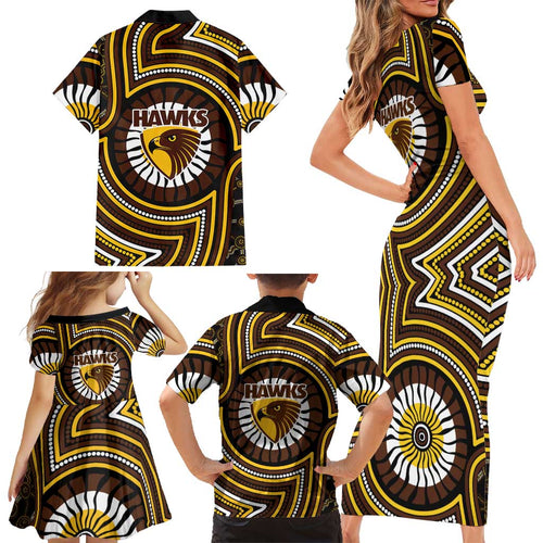 Hawthorn Hawks Family Matching Short Sleeve Bodycon Dress and Hawaiian Shirt Indigenous Monochrome Dot Art Mascot Style