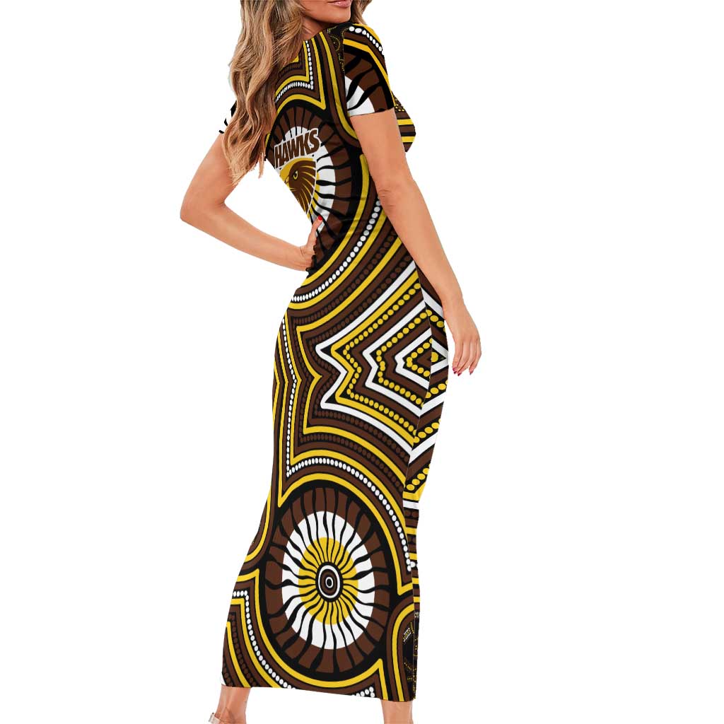 Hawthorn Hawks Family Matching Short Sleeve Bodycon Dress and Hawaiian Shirt Indigenous Monochrome Dot Art Mascot Style