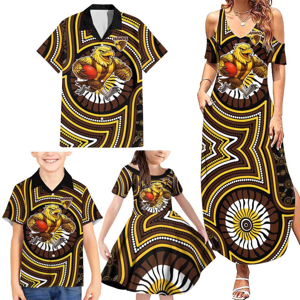 Hawthorn Hawks Family Matching Summer Maxi Dress and Hawaiian Shirt Indigenous Monochrome Dot Art Mascot Style