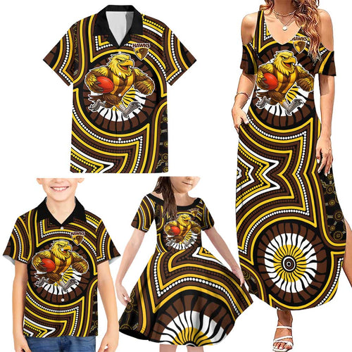 Hawthorn Hawks Family Matching Summer Maxi Dress and Hawaiian Shirt Indigenous Monochrome Dot Art Mascot Style