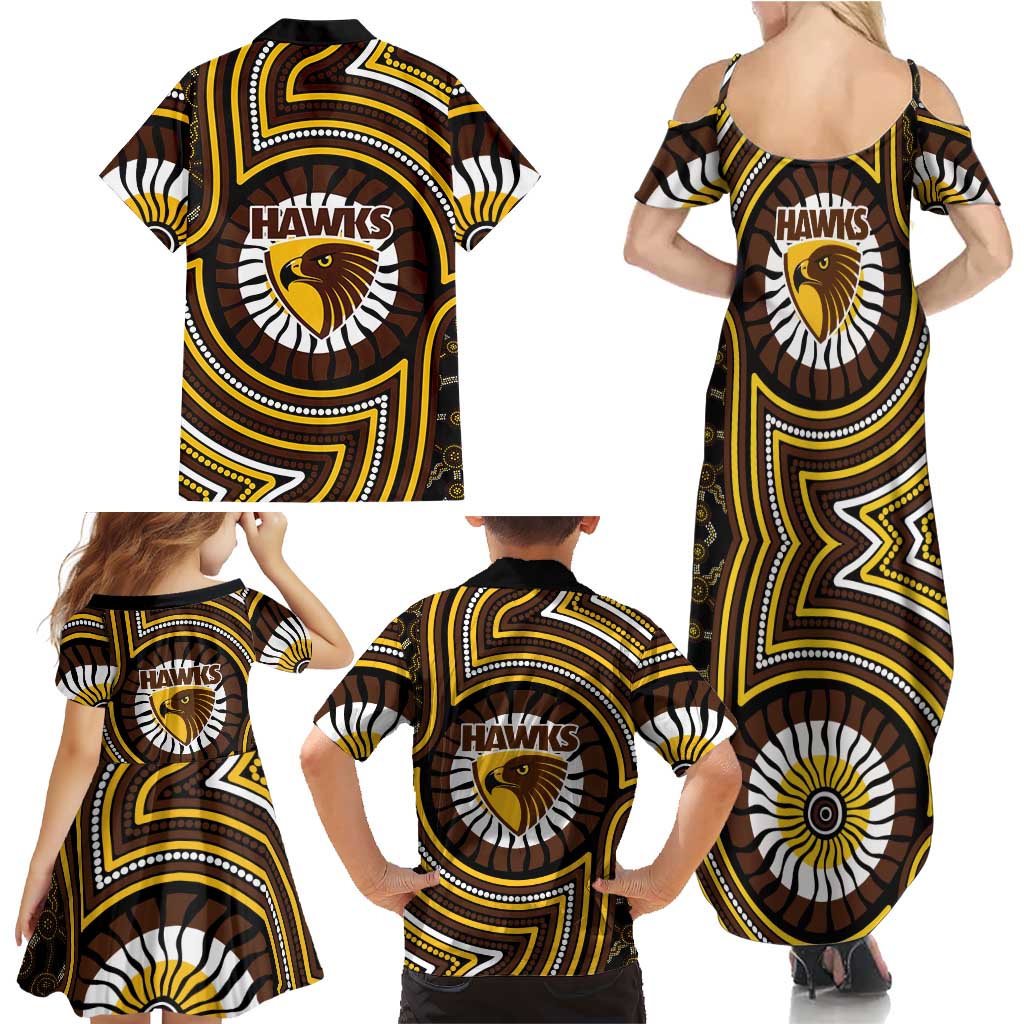 Hawthorn Hawks Family Matching Summer Maxi Dress and Hawaiian Shirt Indigenous Monochrome Dot Art Mascot Style