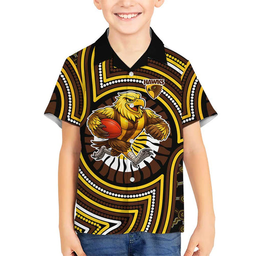 Hawthorn Hawks Family Matching Summer Maxi Dress and Hawaiian Shirt Indigenous Monochrome Dot Art Mascot Style