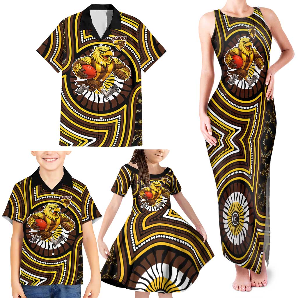 Hawthorn Hawks Family Matching Tank Maxi Dress and Hawaiian Shirt Indigenous Monochrome Dot Art Mascot Style
