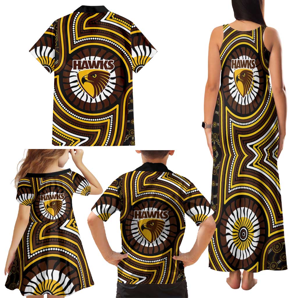 Hawthorn Hawks Family Matching Tank Maxi Dress and Hawaiian Shirt Indigenous Monochrome Dot Art Mascot Style