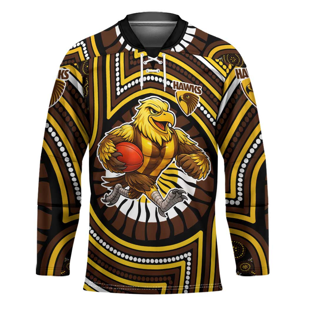 Hawthorn Hawks Hockey Jersey Indigenous Monochrome Dot Art Mascot Style
