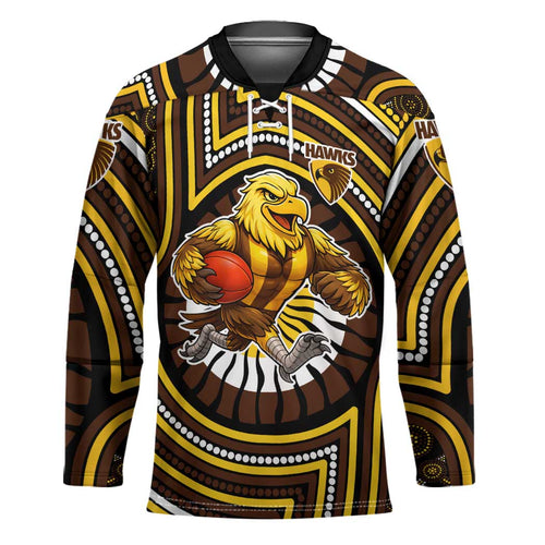 Hawthorn Hawks Hockey Jersey Indigenous Monochrome Dot Art Mascot Style
