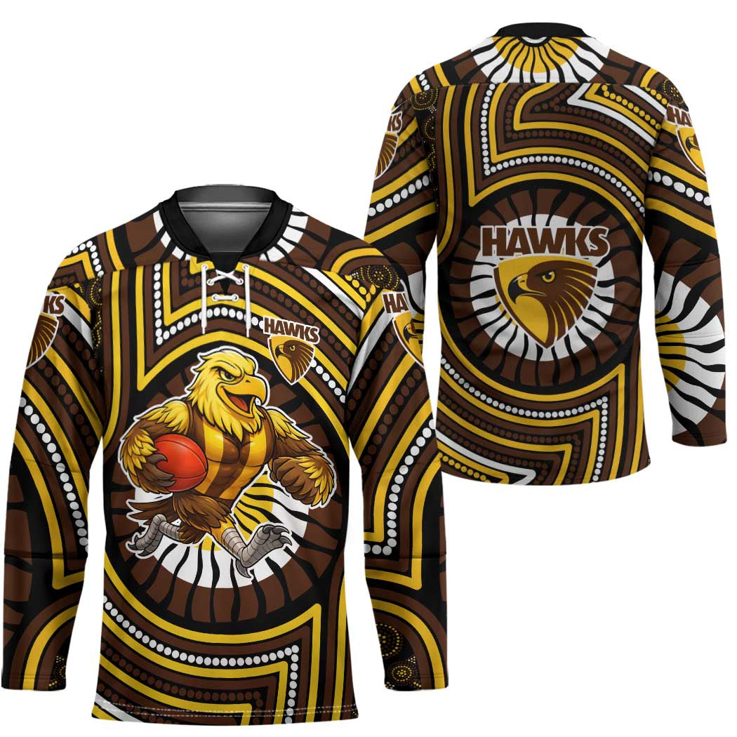 Hawthorn Hawks Hockey Jersey Indigenous Monochrome Dot Art Mascot Style