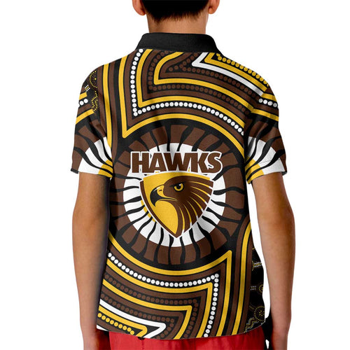 Hawthorn Hawks Kid Polo Shirt Indigenous Monochrome Dot Art Mascot Style