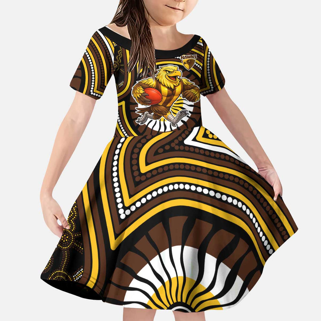 Hawthorn Hawks Kid Short Sleeve Dress Indigenous Monochrome Dot Art Mascot Style