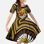 Hawthorn Hawks Kid Short Sleeve Dress Indigenous Monochrome Dot Art Mascot Style