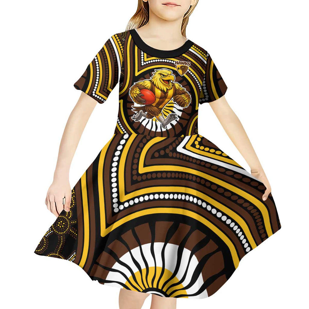 Hawthorn Hawks Kid Short Sleeve Dress Indigenous Monochrome Dot Art Mascot Style