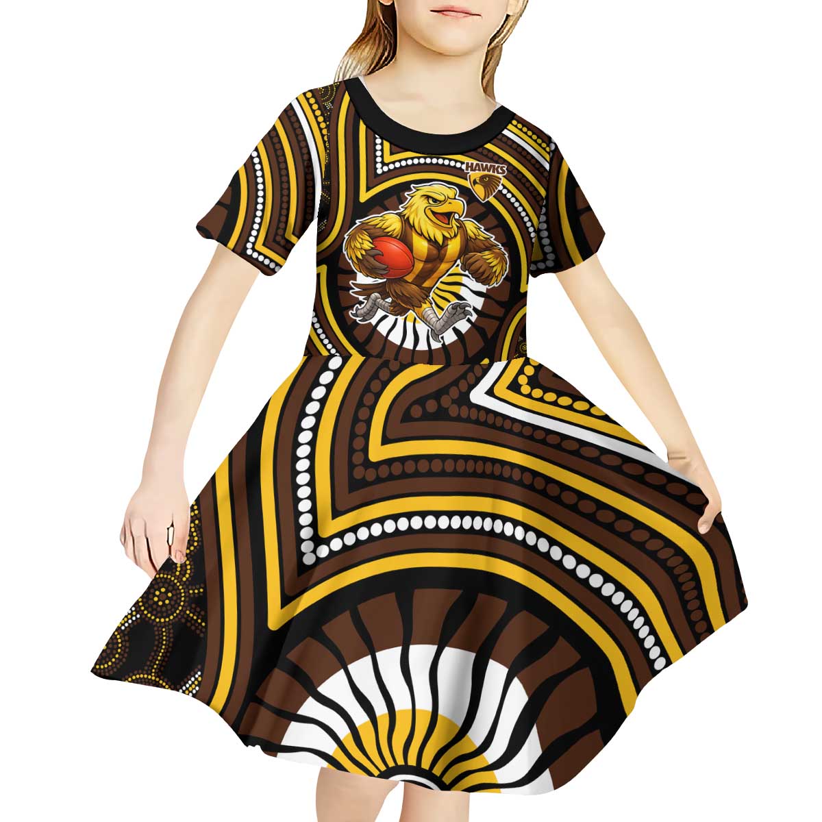Hawthorn Hawks Kid Short Sleeve Dress Indigenous Monochrome Dot Art Mascot Style