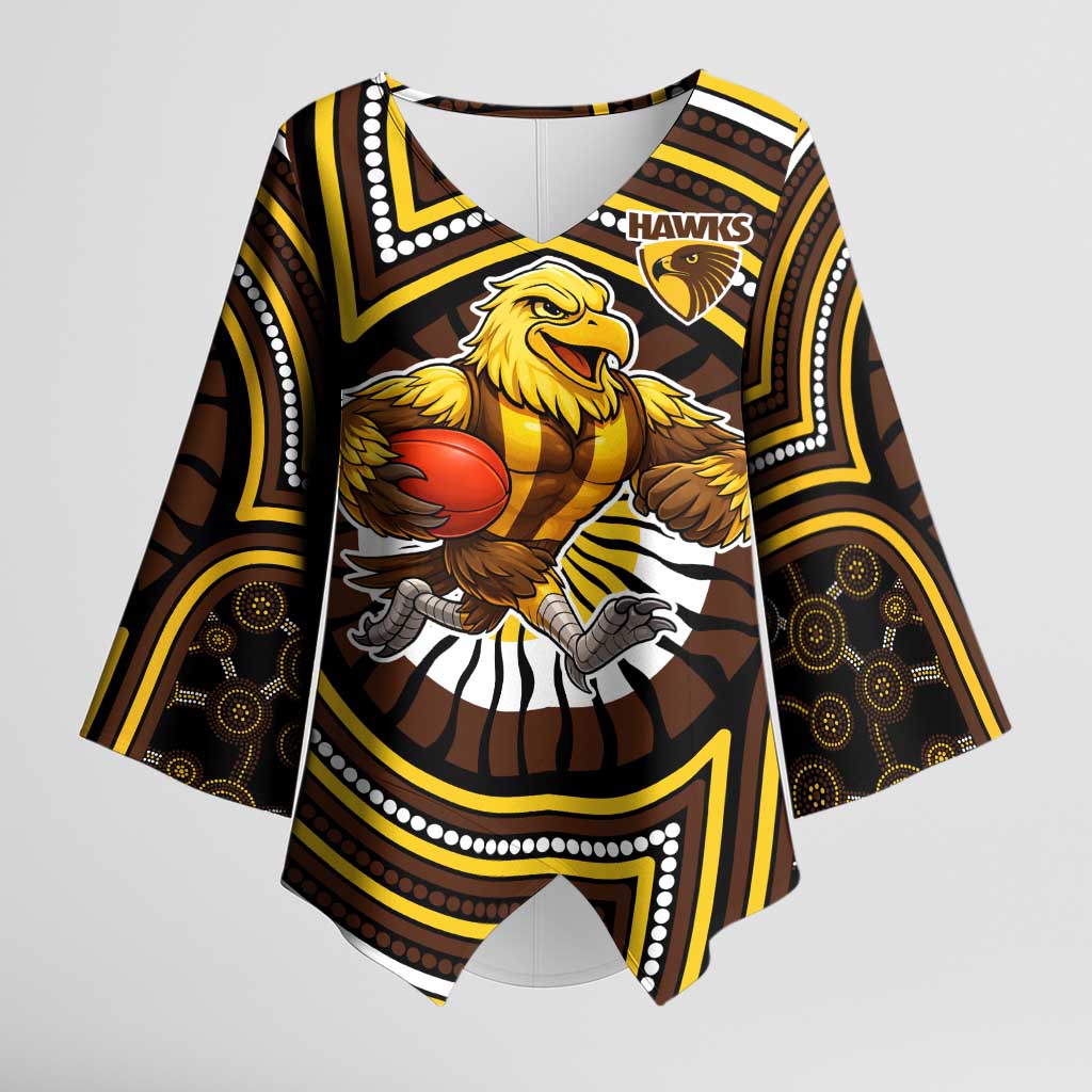 Hawthorn Hawks Kimono Sleeve Blouse Indigenous Monochrome Dot Art Mascot Style