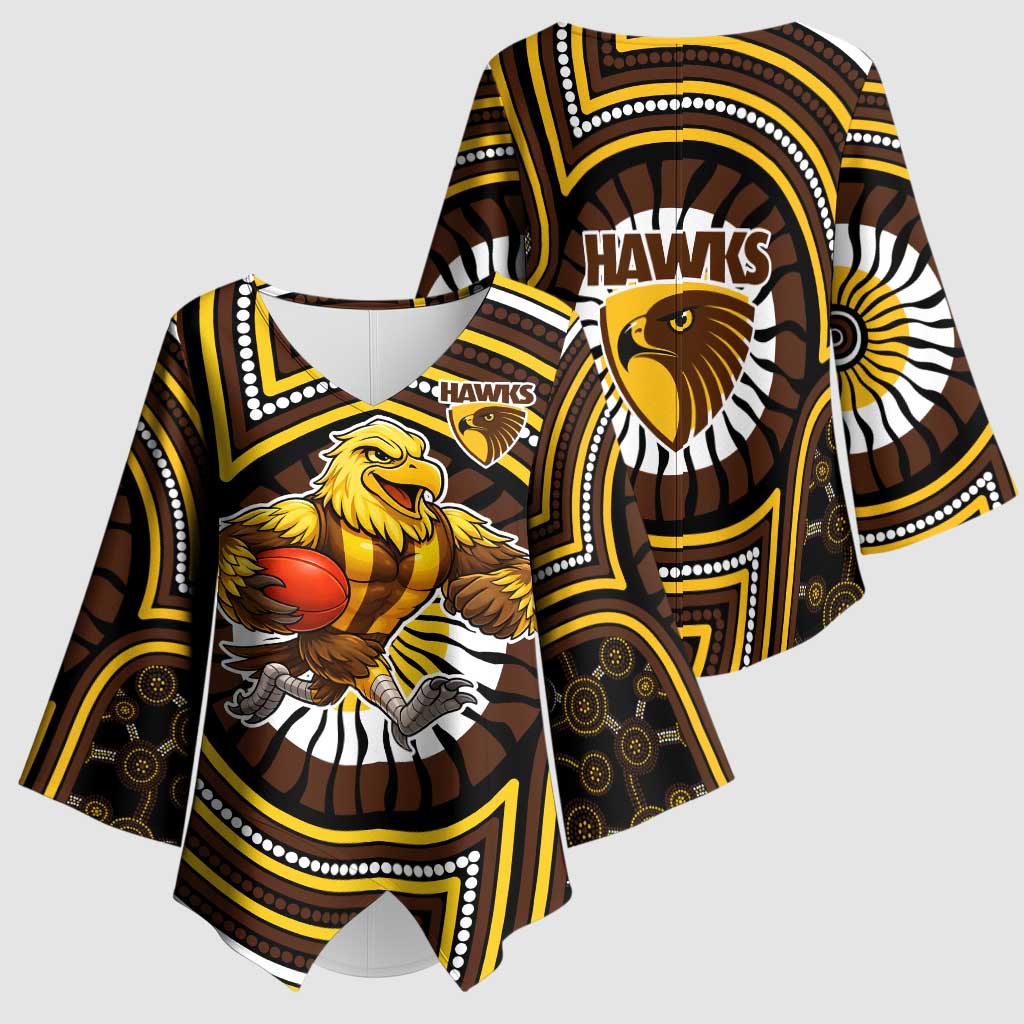 Hawthorn Hawks Kimono Sleeve Blouse Indigenous Monochrome Dot Art Mascot Style