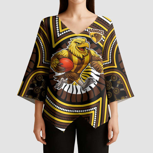 Hawthorn Hawks Kimono Sleeve Blouse Indigenous Monochrome Dot Art Mascot Style