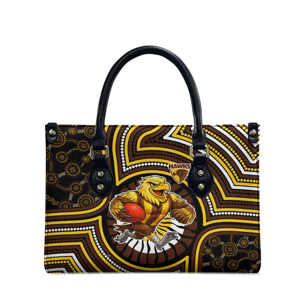 Hawthorn Hawks Leather Bag Indigenous Monochrome Dot Art Mascot Style