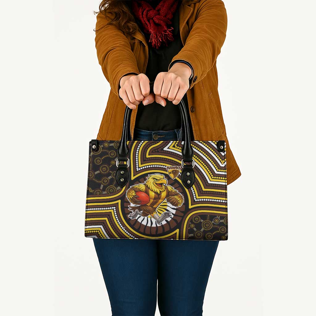 Hawthorn Hawks Leather Bag Indigenous Monochrome Dot Art Mascot Style