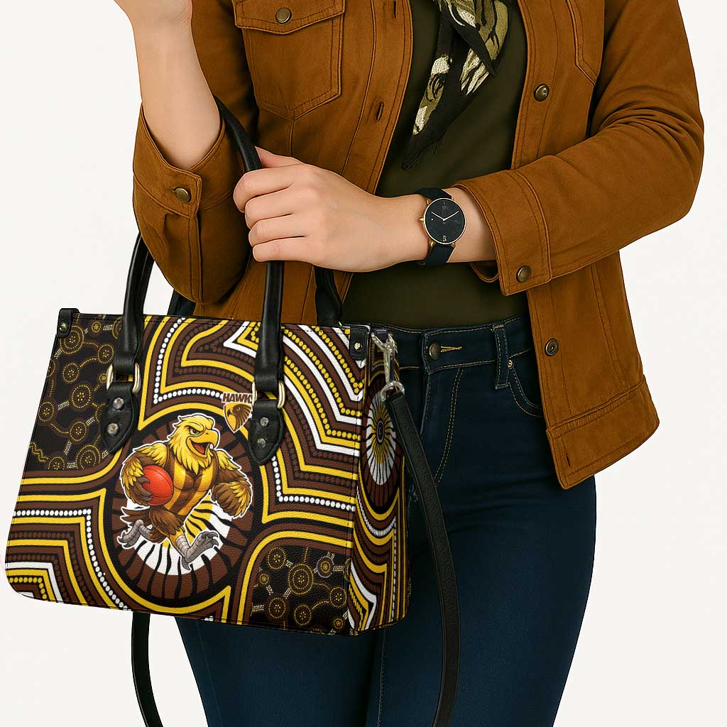 Hawthorn Hawks Leather Bag Indigenous Monochrome Dot Art Mascot Style