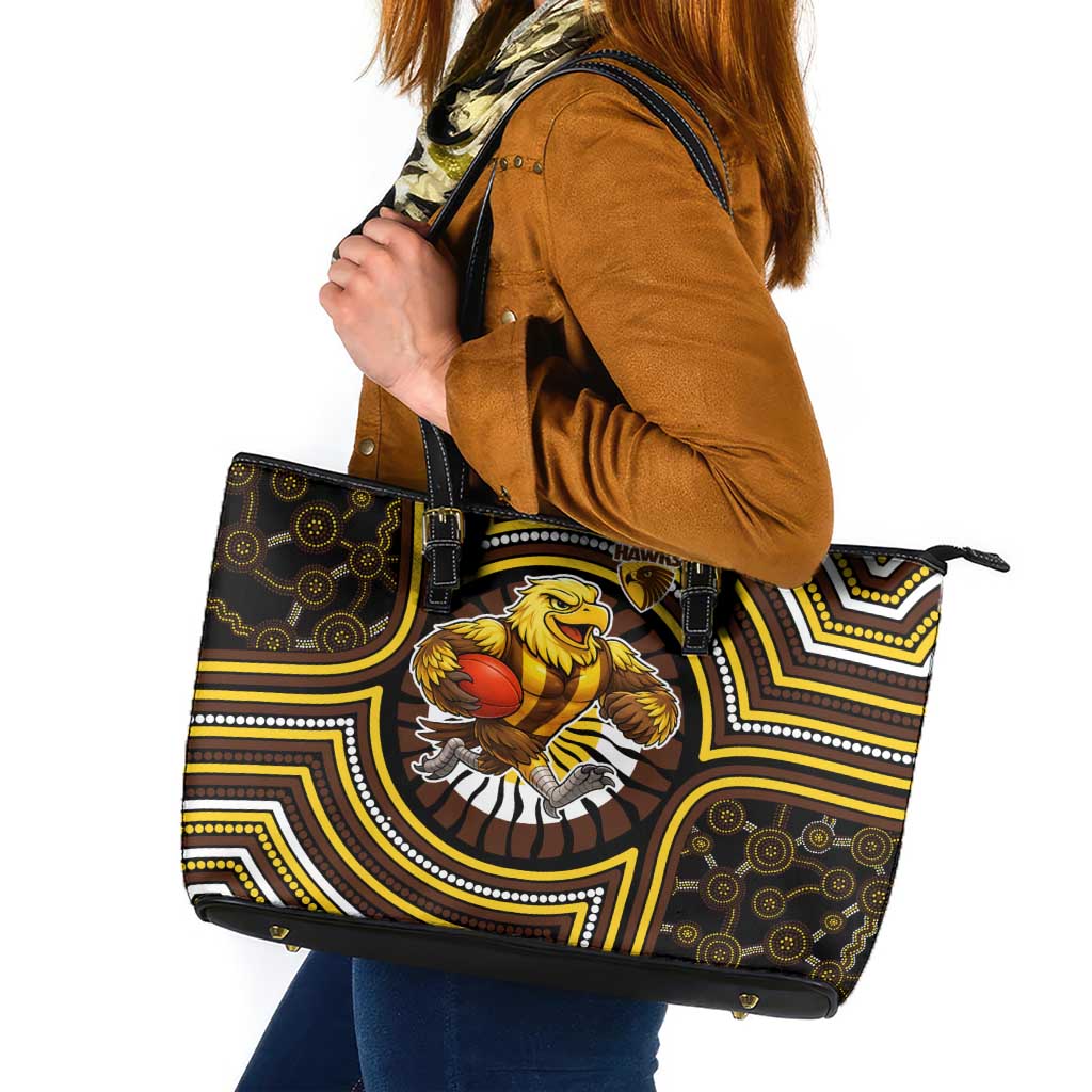 Hawthorn Hawks Leather Tote Bag Indigenous Monochrome Dot Art Mascot Style