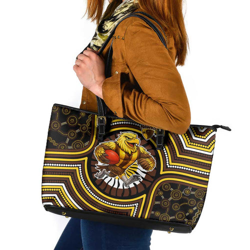 Hawthorn Hawks Leather Tote Bag Indigenous Monochrome Dot Art Mascot Style