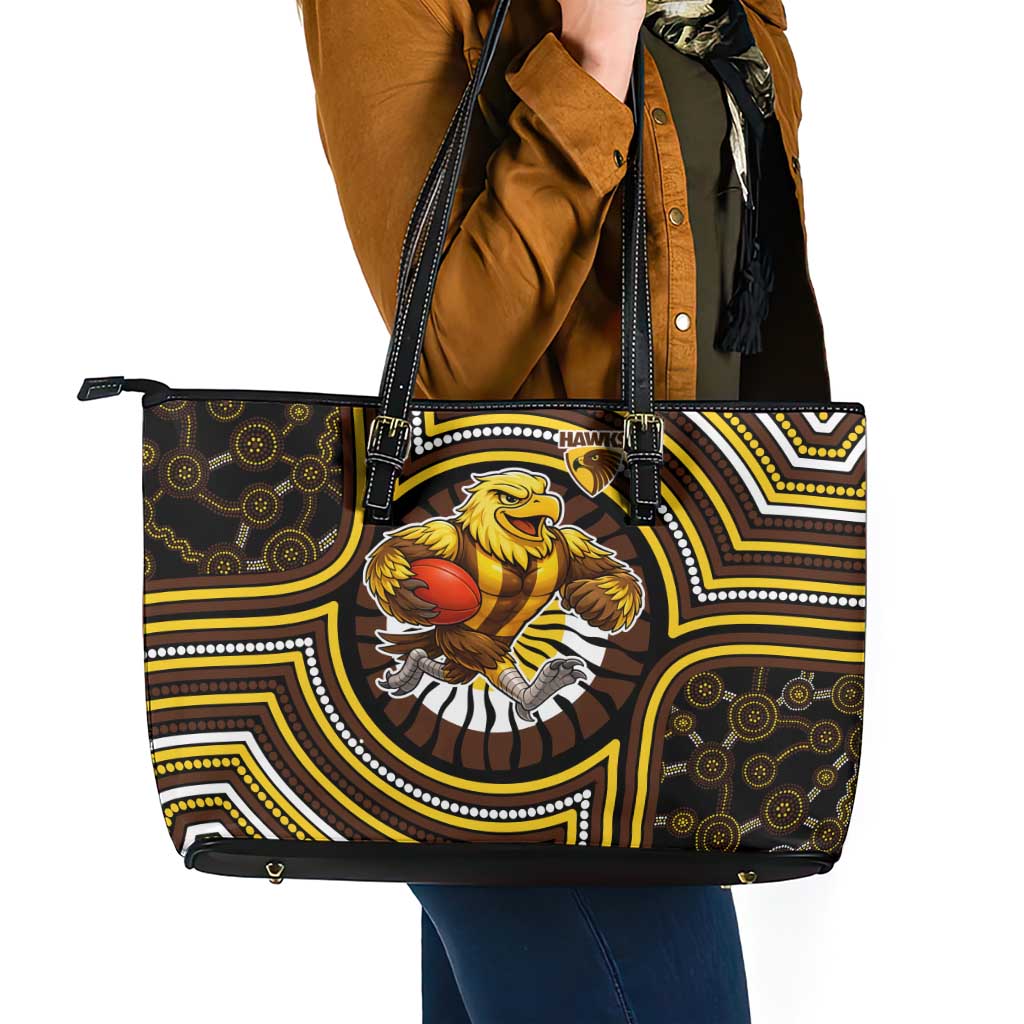 Hawthorn Hawks Leather Tote Bag Indigenous Monochrome Dot Art Mascot Style