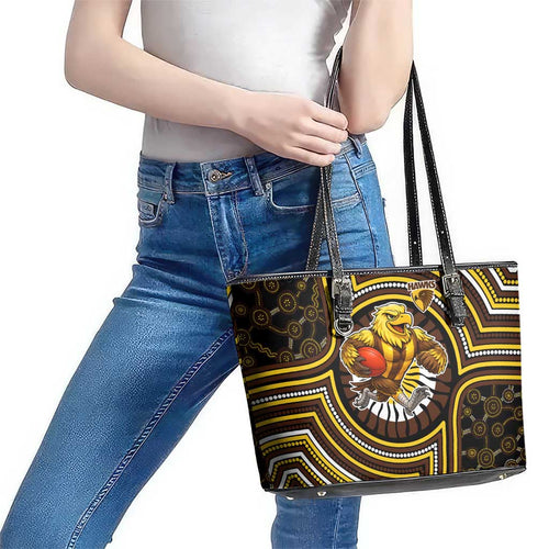 Hawthorn Hawks Leather Tote Bag Indigenous Monochrome Dot Art Mascot Style