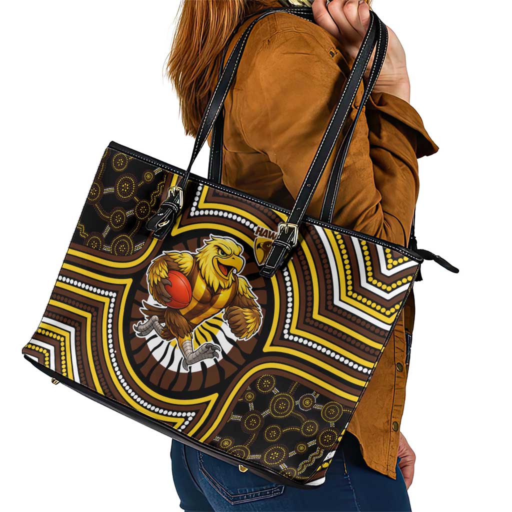 Hawthorn Hawks Leather Tote Bag Indigenous Monochrome Dot Art Mascot Style