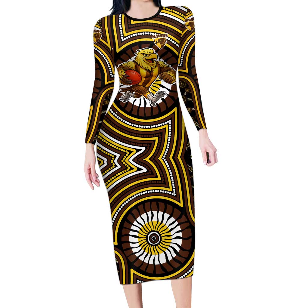 Hawthorn Hawks Long Sleeve Bodycon Dress Indigenous Monochrome Dot Art Mascot Style