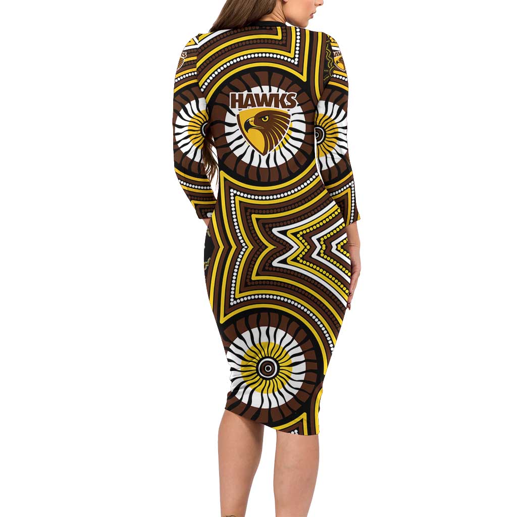 Hawthorn Hawks Long Sleeve Bodycon Dress Indigenous Monochrome Dot Art Mascot Style