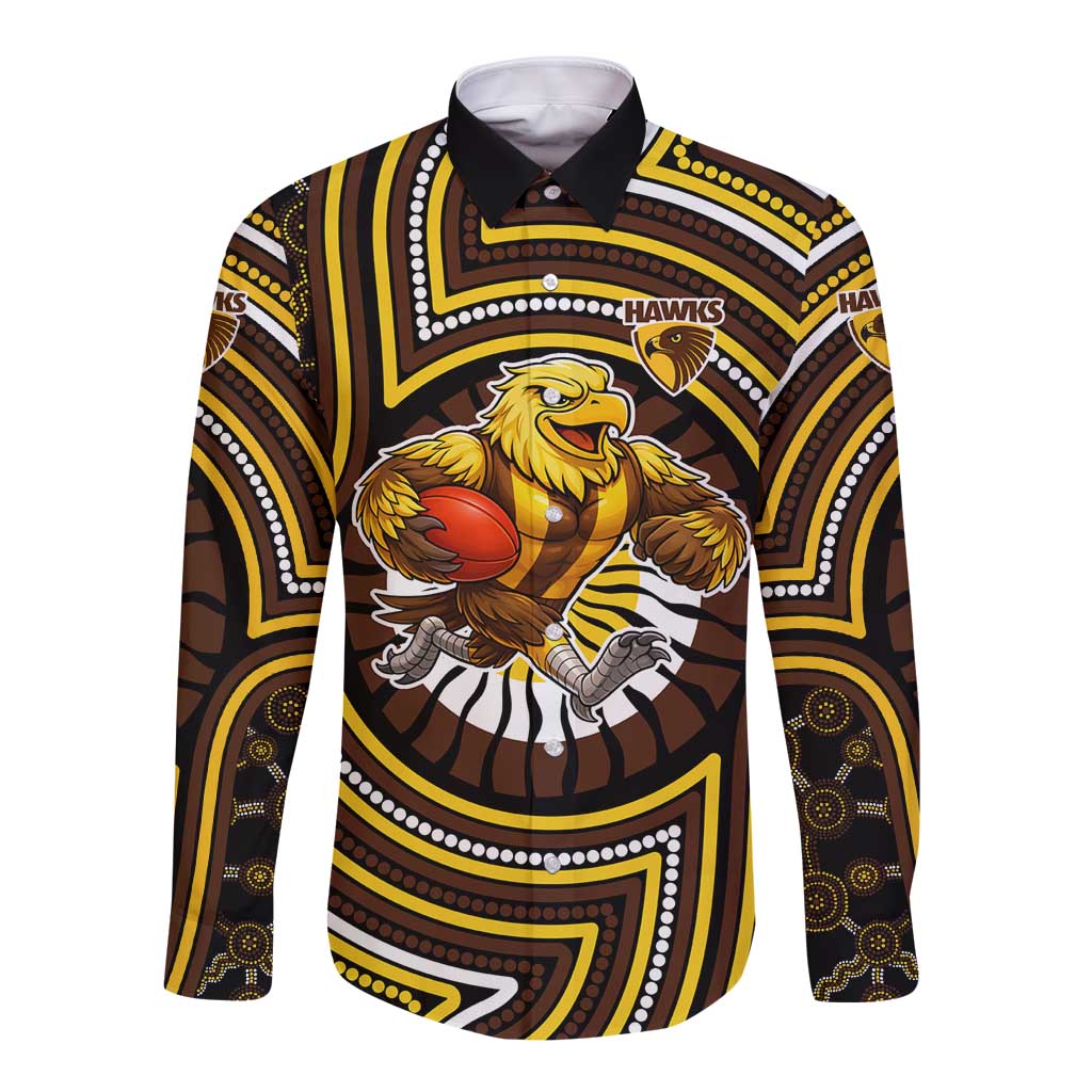 Hawthorn Hawks Long Sleeve Button Shirt Indigenous Monochrome Dot Art Mascot Style