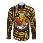 Hawthorn Hawks Long Sleeve Button Shirt Indigenous Monochrome Dot Art Mascot Style