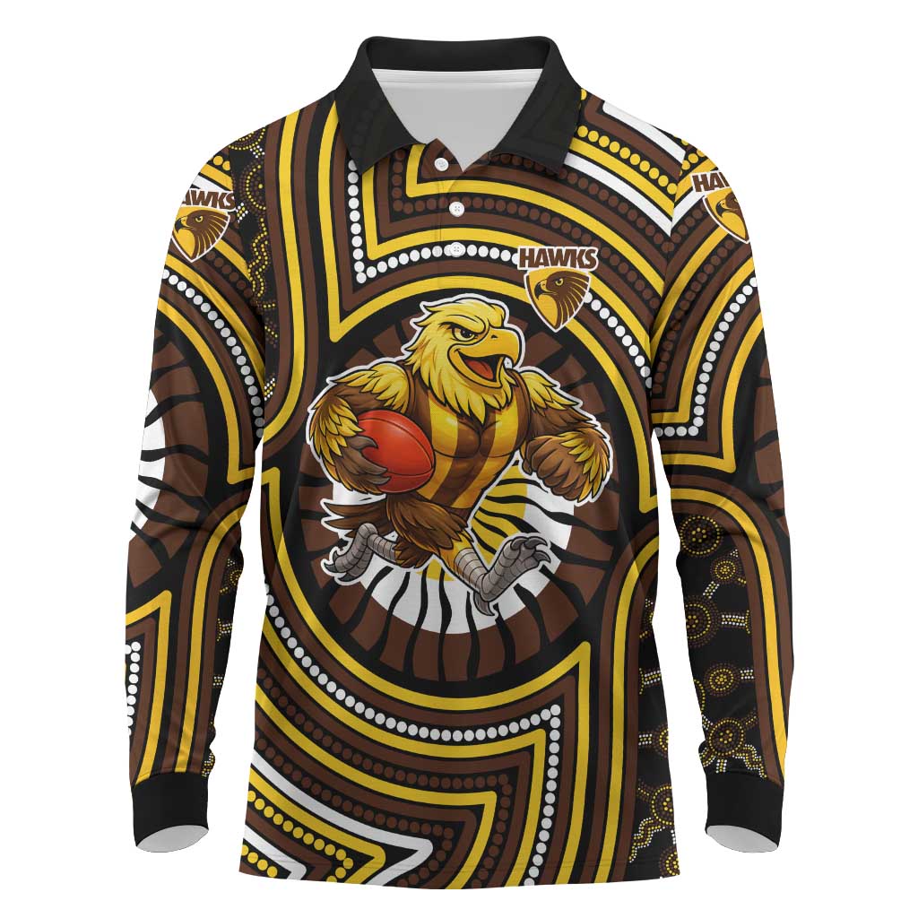 Hawthorn Hawks Long Sleeve Polo Shirt Indigenous Monochrome Dot Art Mascot Style