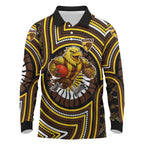 Hawthorn Hawks Long Sleeve Polo Shirt Indigenous Monochrome Dot Art Mascot Style