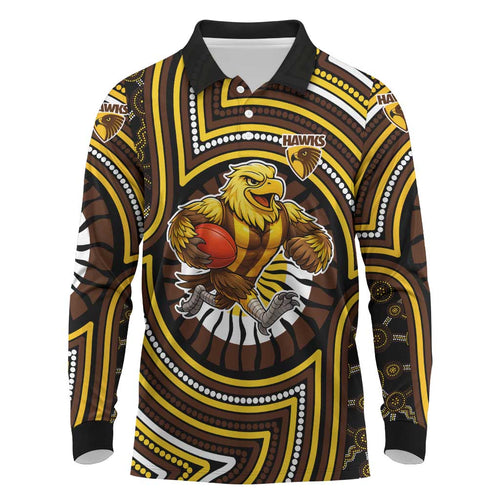 Hawthorn Hawks Long Sleeve Polo Shirt Indigenous Monochrome Dot Art Mascot Style