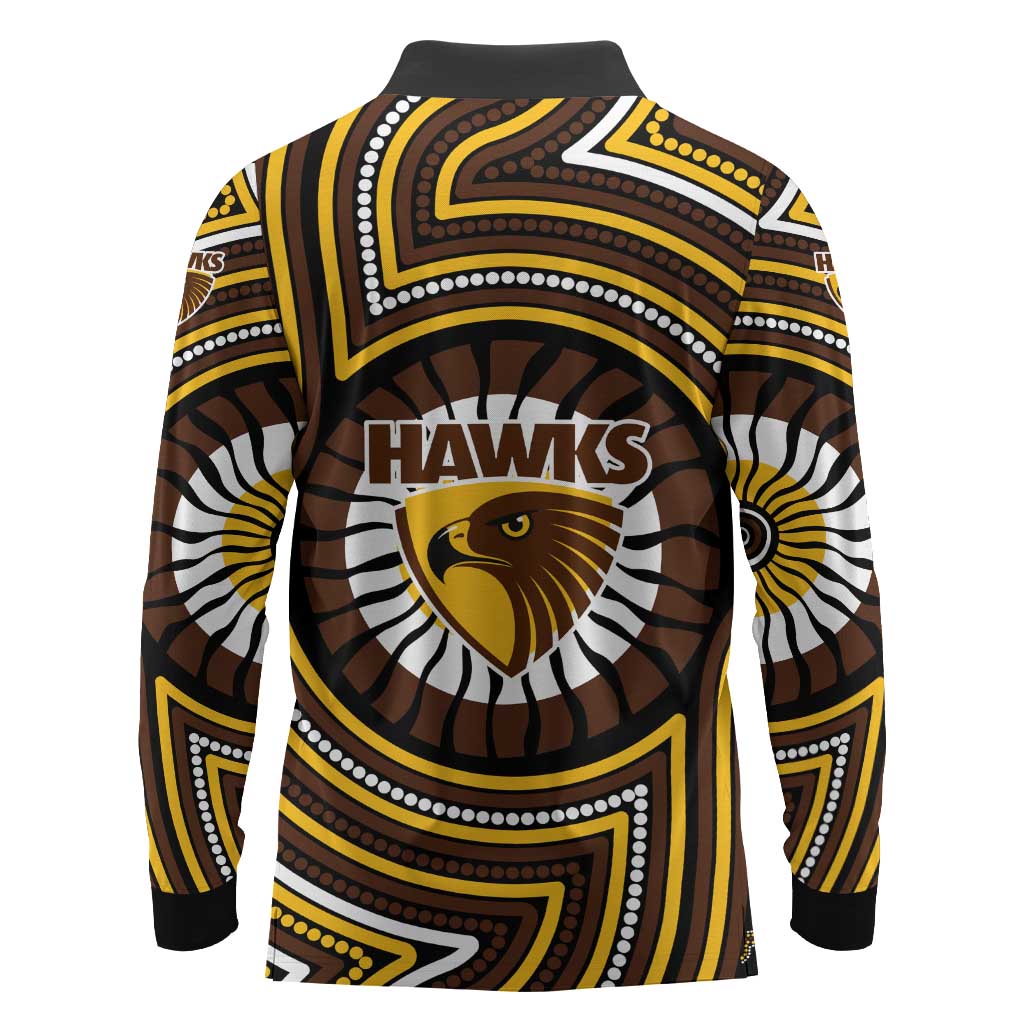 Hawthorn Hawks Long Sleeve Polo Shirt Indigenous Monochrome Dot Art Mascot Style