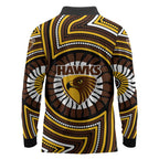 Hawthorn Hawks Long Sleeve Polo Shirt Indigenous Monochrome Dot Art Mascot Style