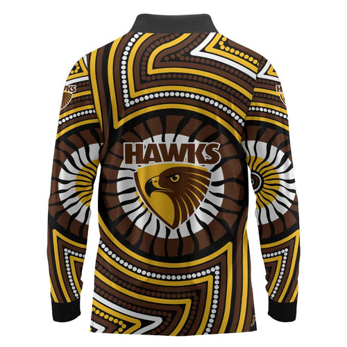 Hawthorn Hawks Long Sleeve Polo Shirt Indigenous Monochrome Dot Art Mascot Style