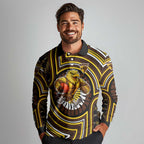 Hawthorn Hawks Long Sleeve Polo Shirt Indigenous Monochrome Dot Art Mascot Style