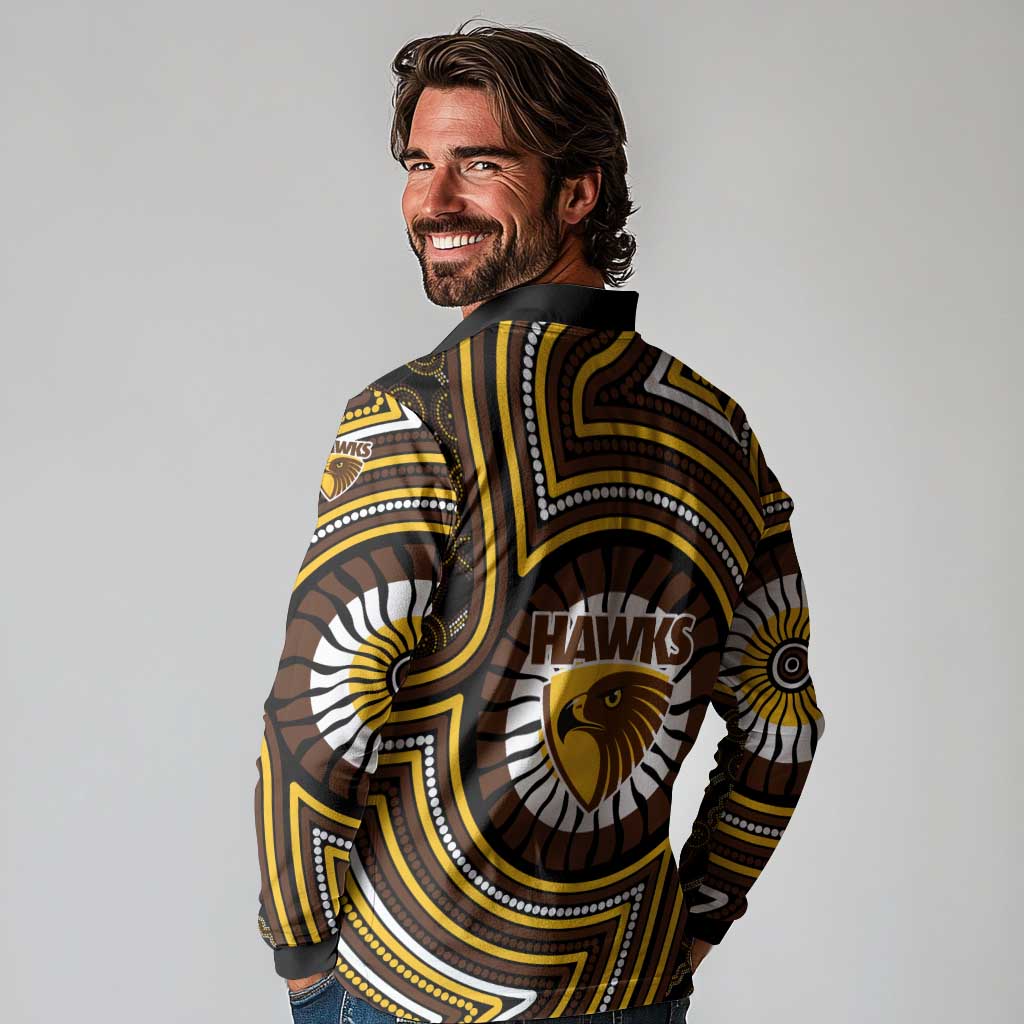 Hawthorn Hawks Long Sleeve Polo Shirt Indigenous Monochrome Dot Art Mascot Style