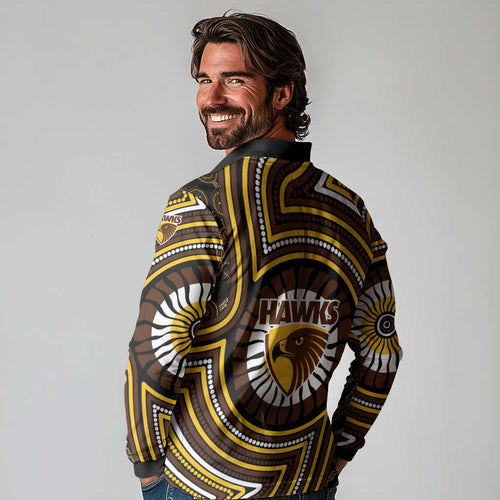Hawthorn Hawks Long Sleeve Polo Shirt Indigenous Monochrome Dot Art Mascot Style